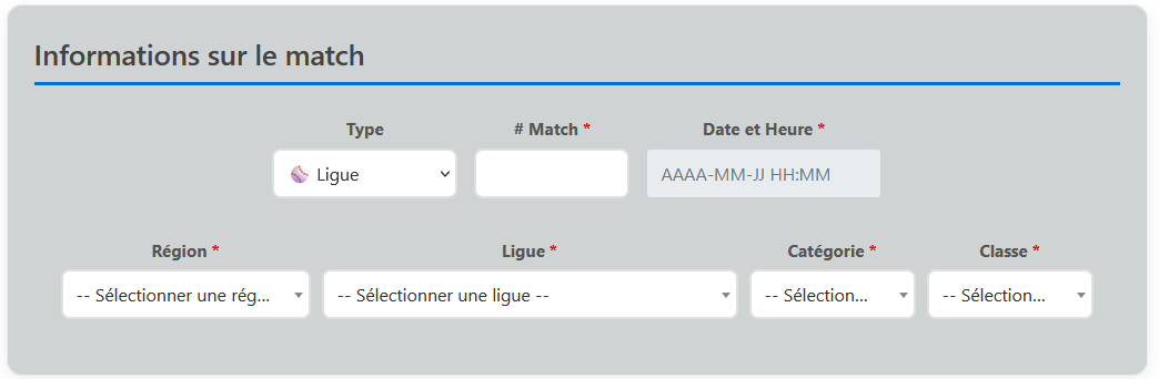 Section informations sur le match
